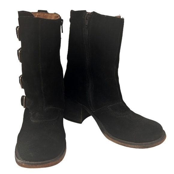 JL J. Litvack Moto Boots Booties Black Suede Four Buckle Chunky Stacked Heel - Picture 6 of 16